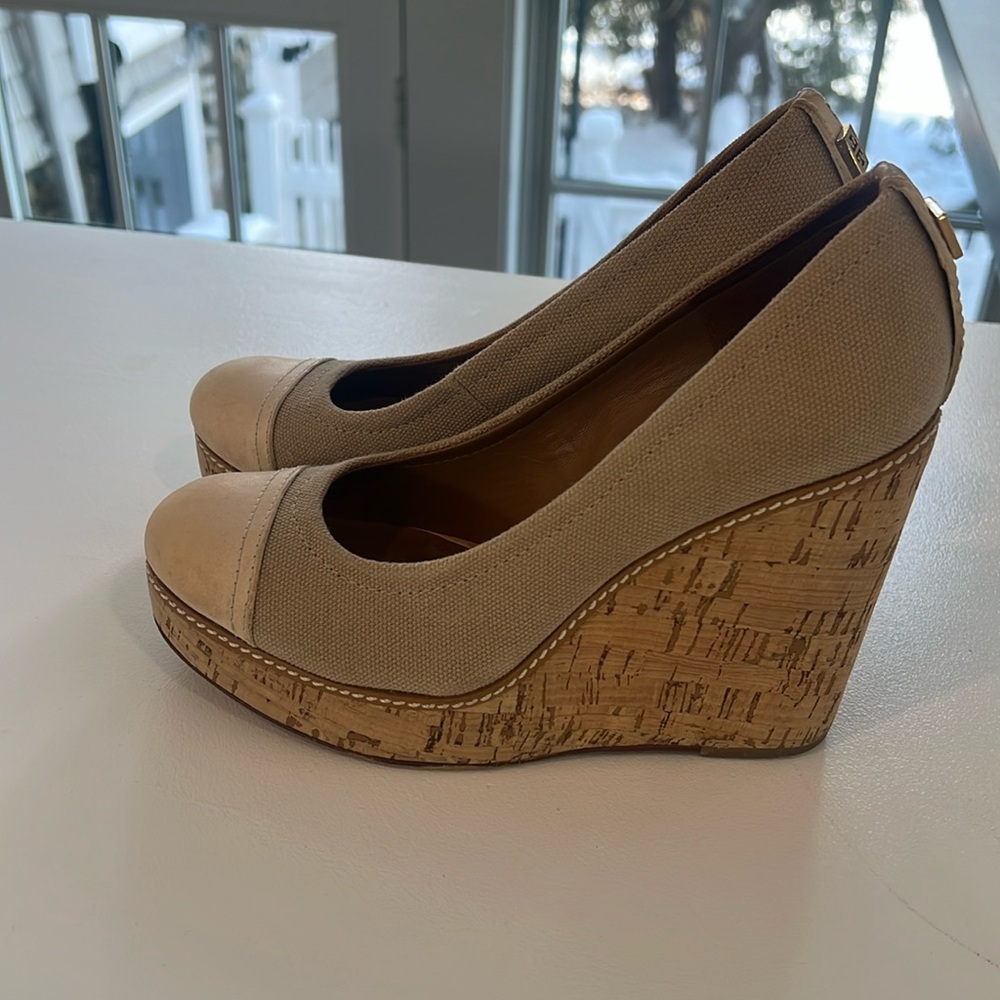Tory Burch Cream and Tan Wedge Shoes